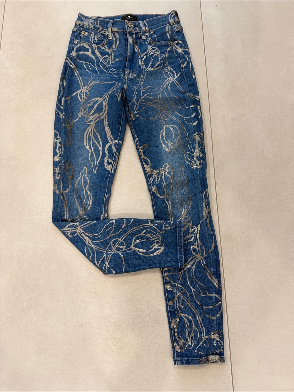 7 For All Mankind Blue Skinny Jeans with Metallic Floral Overlay